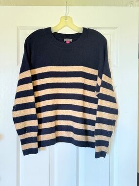 Vince Camuto striped navy tan sweater sz medium ladies women clothes casual top